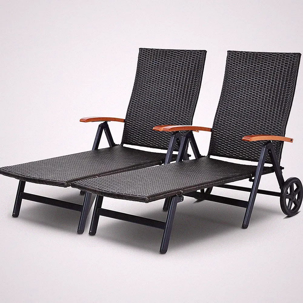 2 PCS Folding Back Adjustable Aluminum Rattan Lounge Recliner Chair on Wheels