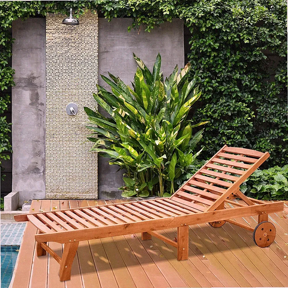 Acacia Wood Outdoor Chaise Lounge Chair with Wheels, Folding 4-Position Recliner