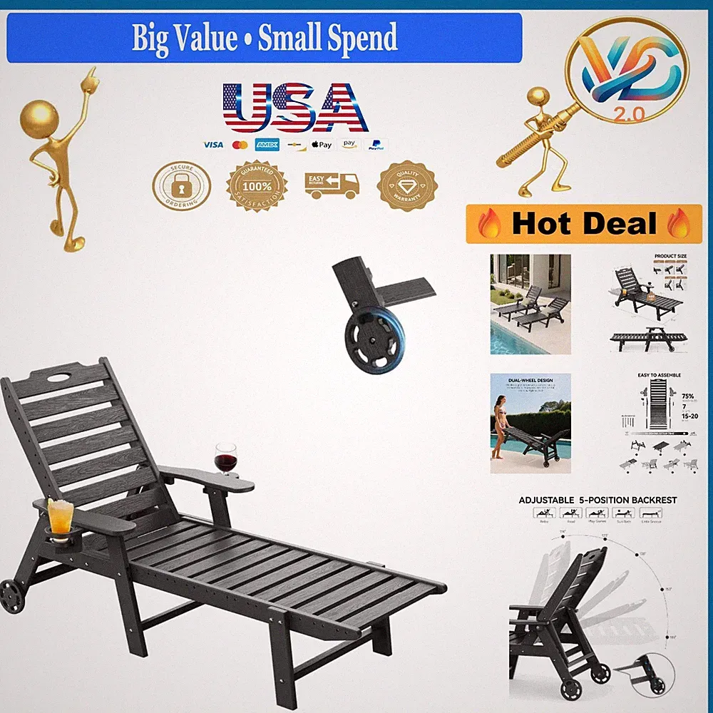 Black HDPE Lounge Chair Outdoor 5-Position Recliner Wheels Cup Holders
