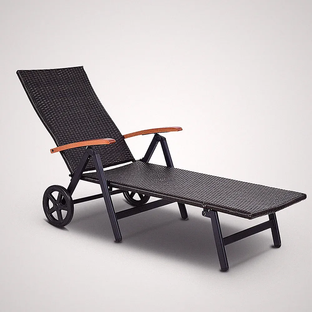 Folding Back Adjustable Aluminum Rattan Lounge Recliner Chair on Wheels Brown
