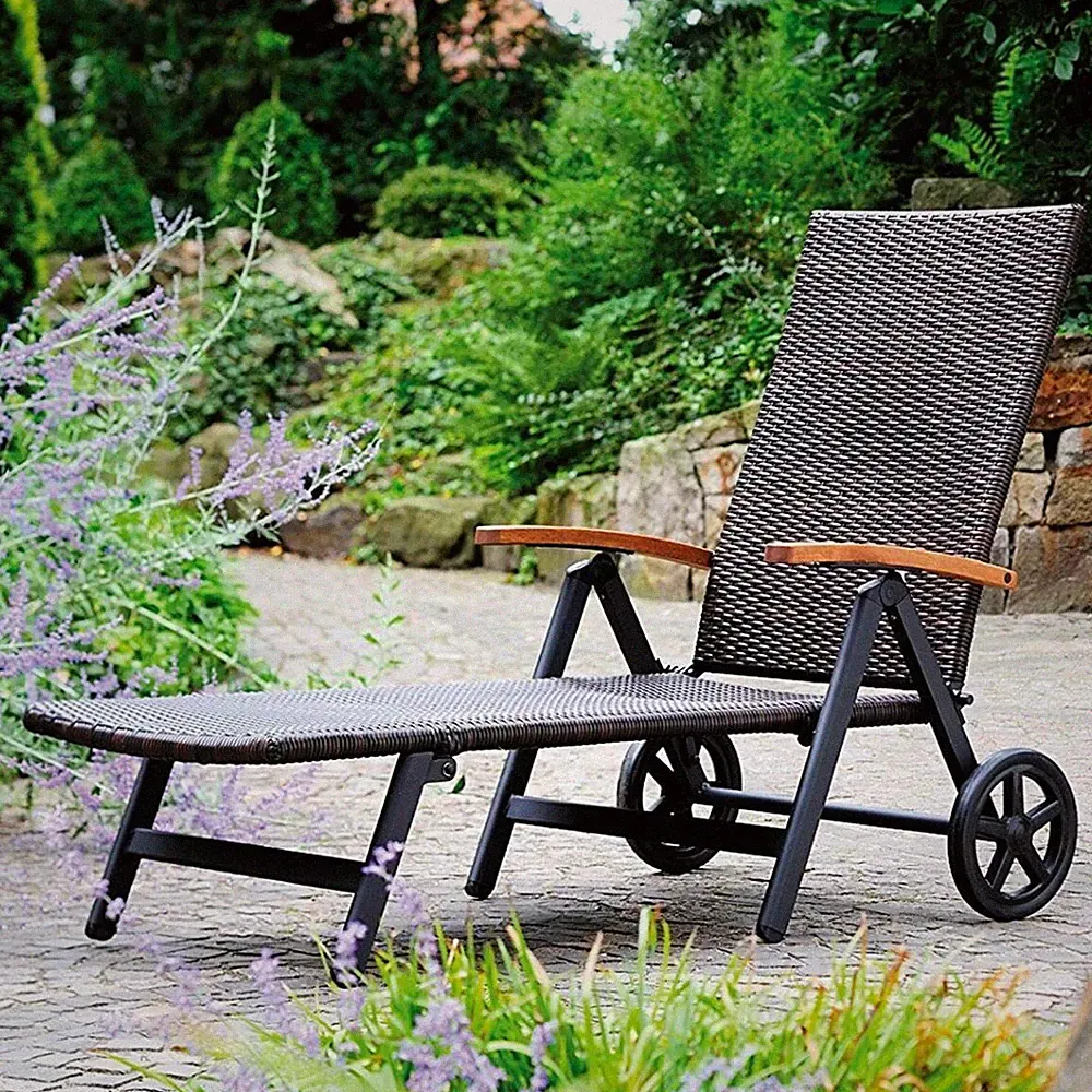 Folding Recliner Adjustable Lounge Chair Wheels Patio Deck Beach Brown Rattan
