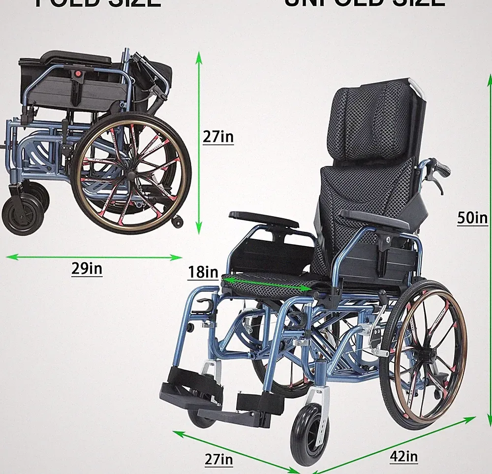 Folding Reclining Wheelchair 20" Rear Wheels And Elevating Legrests And 18" Seat