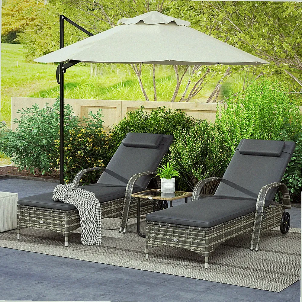 Outdoor PE Rattan Reclining Sun Lounger Set of 2 w/ Cushion, Wheels, Gray