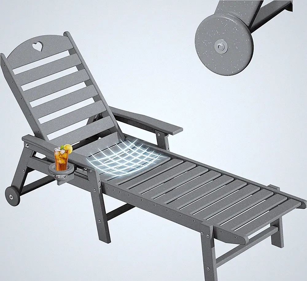 Oversized Outdoor Chaise Lounge Chair with Wheels & Cupholder - Grey