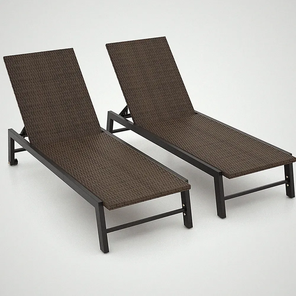 Patio 2PCS Galvanized Steel Chaise Lounge w/ Wheels PE Rattan Recliner Chair