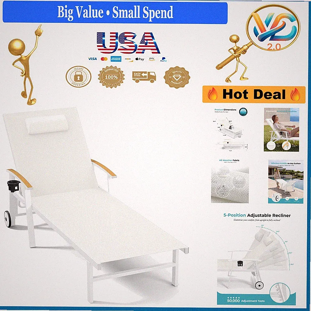 White Aluminum 5-Position Reclining Lounge Chair with Pillow & Wheels