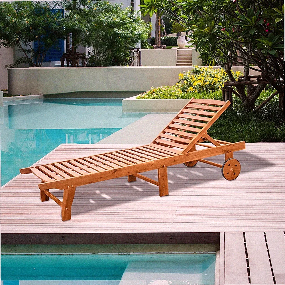 Wood Outdoor Folding Chaise Lounge Chair Beach Poolside Recliner Sunbed Wooden