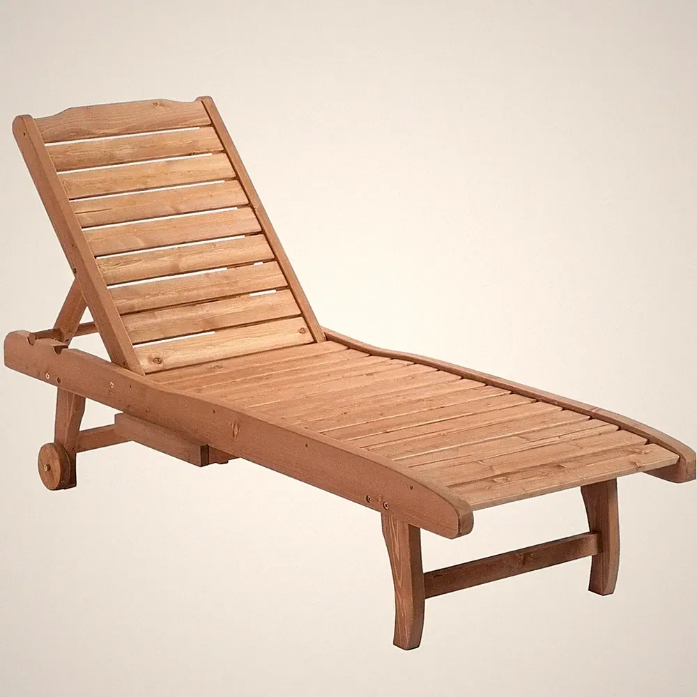 Wooden Chaise Lounge Chair w/ Wheels Adjustable Backrest Side Table Brown
